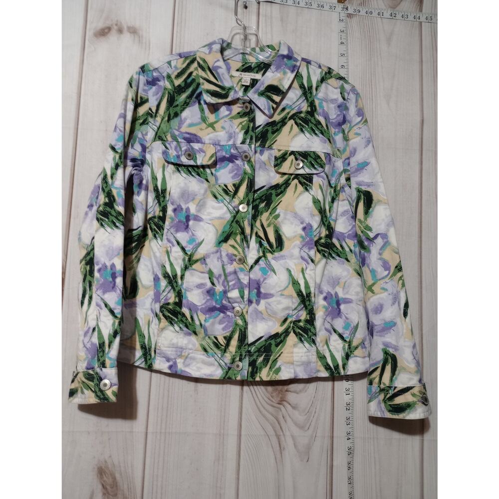 JM Collection Jacket Womens 10 Floral Button Front Denim Canvas Spring Lightweig